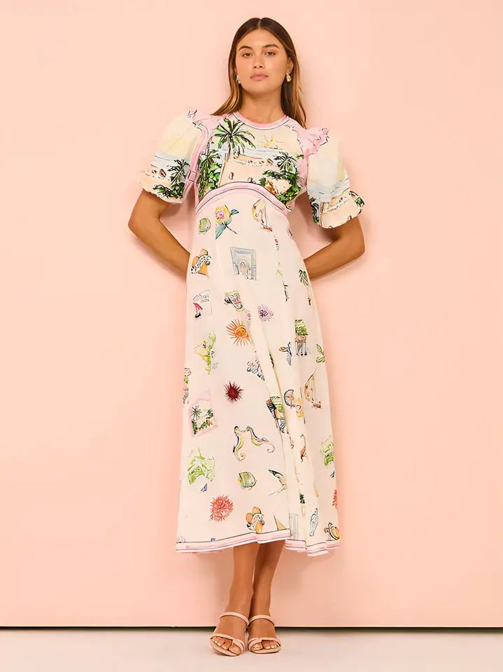 chinese dress ladies Boho Summer Maxi Dress – Vintage Print Puff Sleeve Resort Style Medium