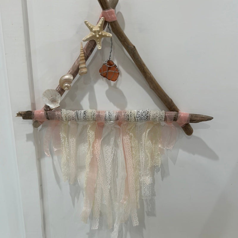 Boho Vintage Lace Driftwood Wall Decor With Shell Accents - Accent DecorLoving Coastal Living