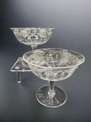 Set of 2 Bryce Brothers Etched 410 needle-etched crystal champagne coupes, 3.6 inches tall and 4.1 inches in diameter, perfect for vintage dining