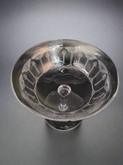 Top view of  Bryce Brothers Etched 410 needle-etched crystal champagne coupes, 3.6 inches tall and 4.1 inches in diameter, perfect for vintage dining