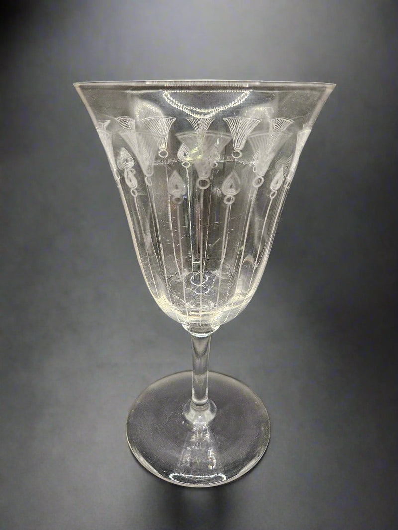 Front view of  Bryce Brothers Etched 410 needle-etched crystal water goblets, 6.3 inches tall and 3.4 inches in diameter, ideal for elegant table settings.