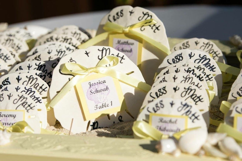 Calligraphy Beach Wedding Favors - Sand Dollars w/ Bride and Grooms Name, Wedding Date or Destination w/ Guest Name/ Table Assignment Card - Loving Coastal Living