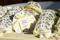 Calligraphy Beach Wedding Favors - Sand Dollars w/ Bride and Grooms Name, Wedding Date or Destination w/ Guest Name/ Table Assignment Card - Loving Coastal Living