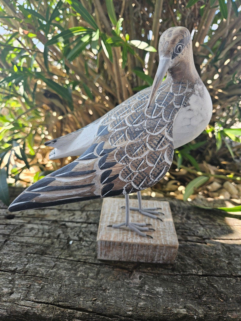 Carved Sandpiper Preening Wooden Decor – 10" x 7.5" - Sculptures & StatuesOh My!