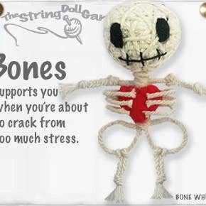 Handmade Bones String Doll Keychain with red heart and skeleton design, featuring lobster clasp and fabric tag.