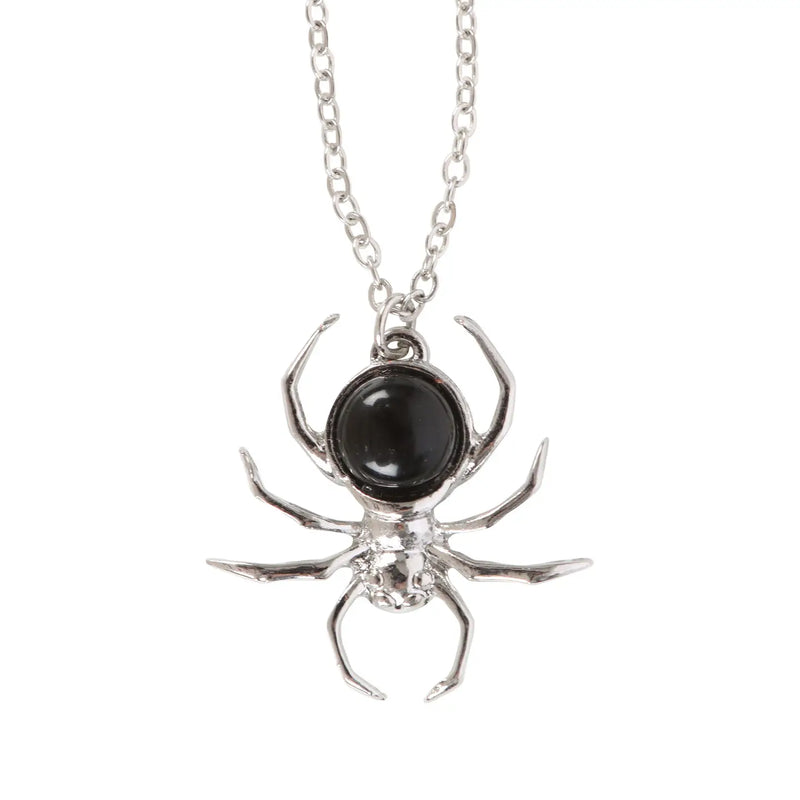 Gothic Black Obsidian Spider Pendant Necklace