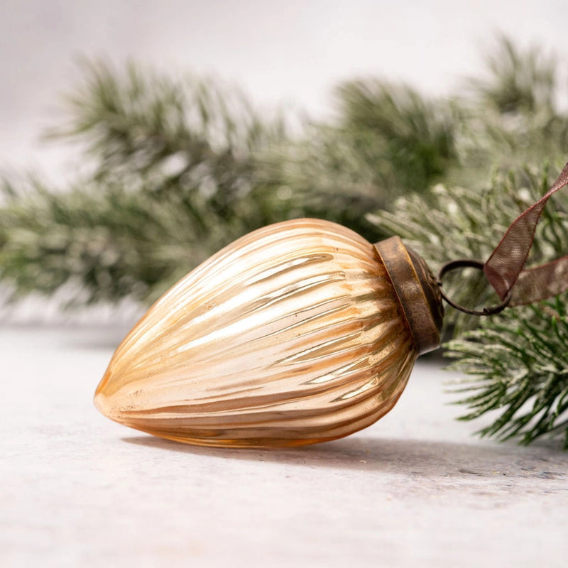2" Medium Champagne Ribbed Glass Pinecone Shaped Ornament