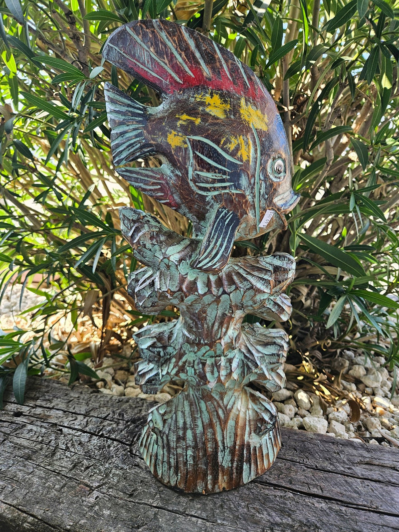 Colorful Wooden Sculpture of Fish on Coral – 20.25" x 8.5" - Accent DecorOh My!
