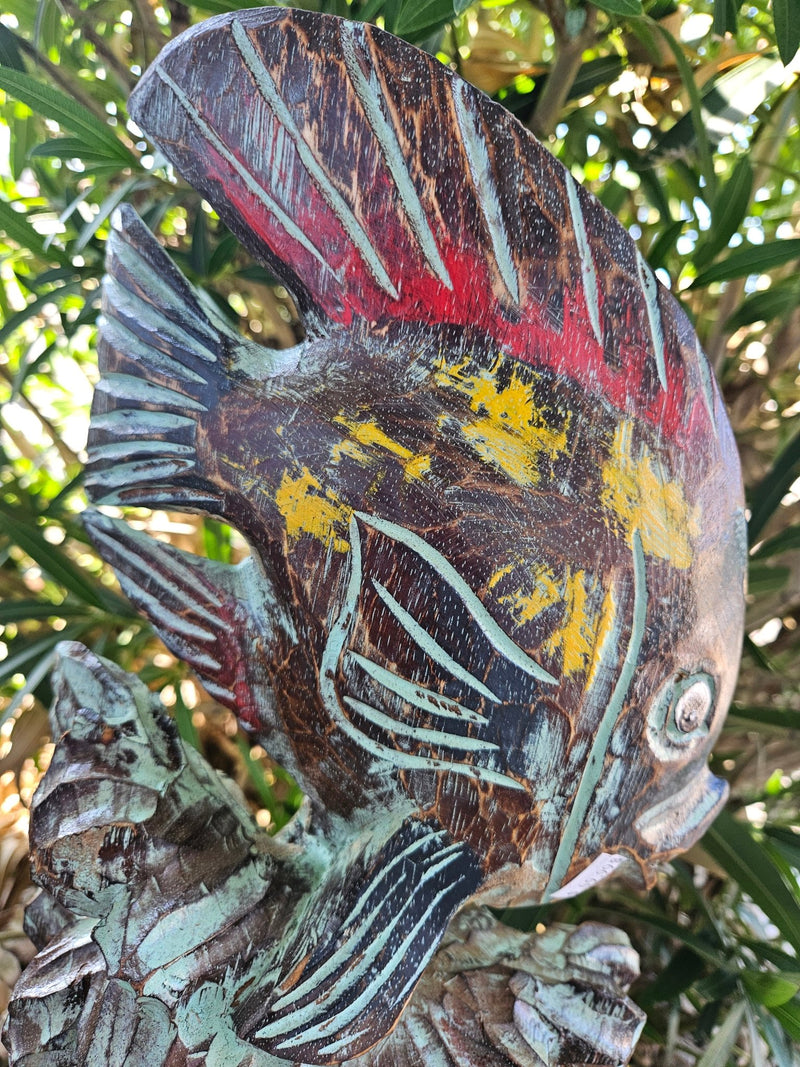 Colorful Wooden Sculpture of Fish on Coral – 20.25" x 8.5" - Accent DecorOh My!
