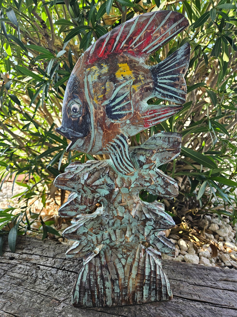 Colorful Wooden Sculpture of Fish on Coral – 20.25" x 8.5" - Accent DecorOh My!