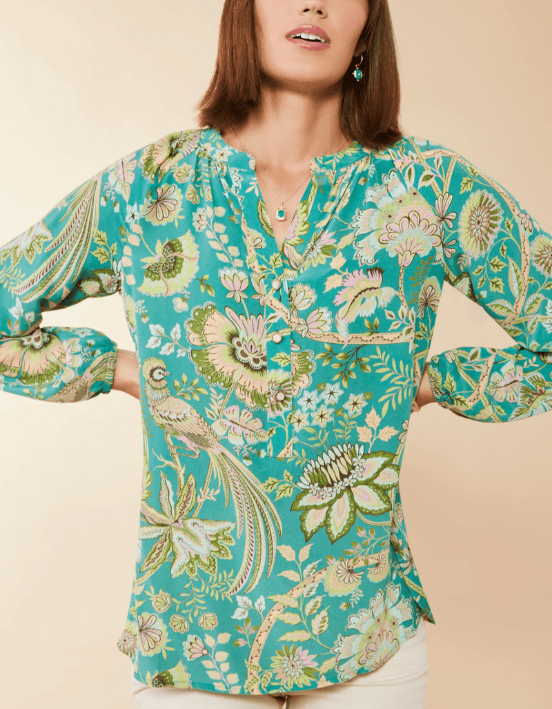 Cora Silk Blouse Mystic Moss Bird - ApparelSPARTINA 449