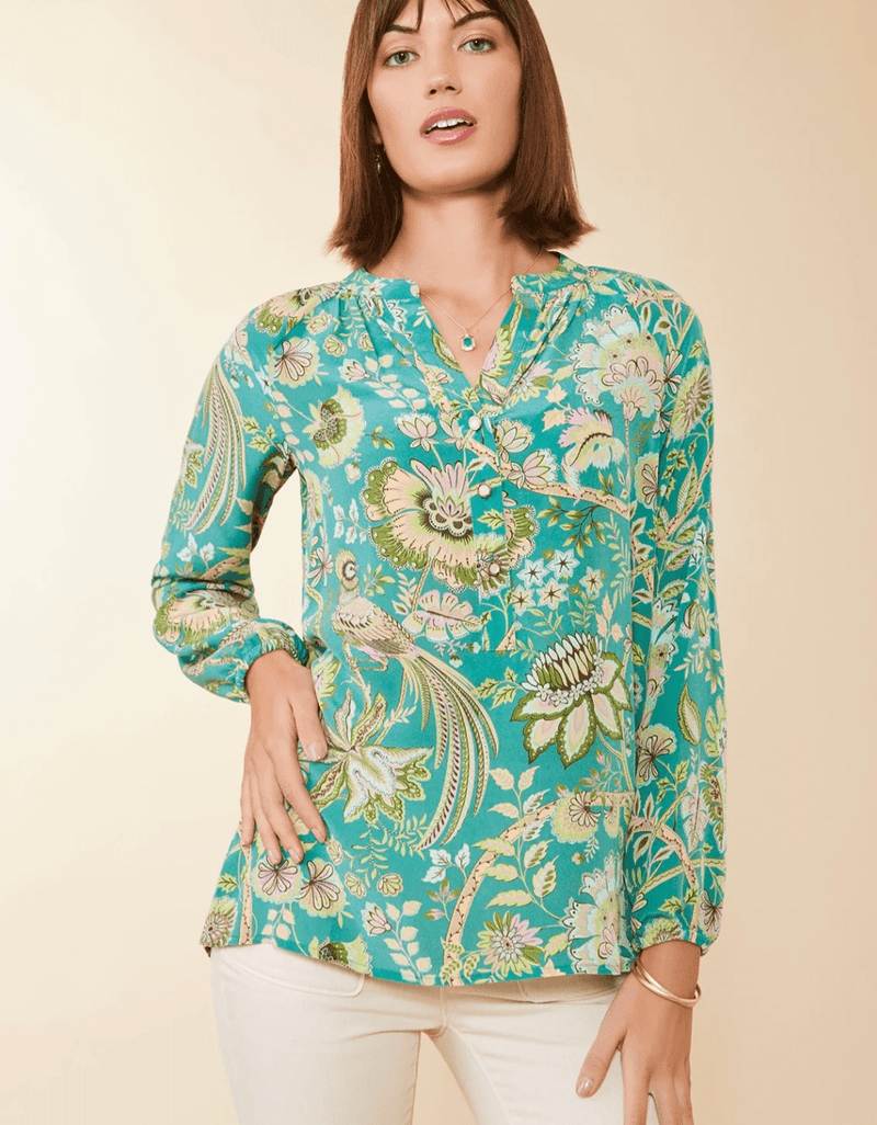 Cora Silk Blouse Mystic Moss Bird - ApparelSPARTINA 449