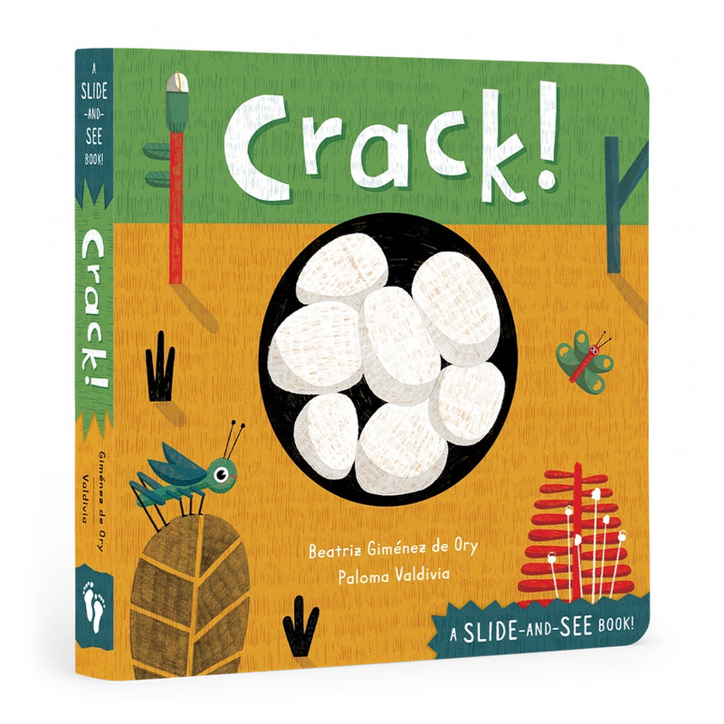 Cover of "Crack!" children's board book featuring colorful illustrations of various animal eggs.