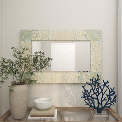 Cream Mother of Pearl Shell Handmade Mosaic Room Wall Mirror with Blue Corners - MirrorUmainc