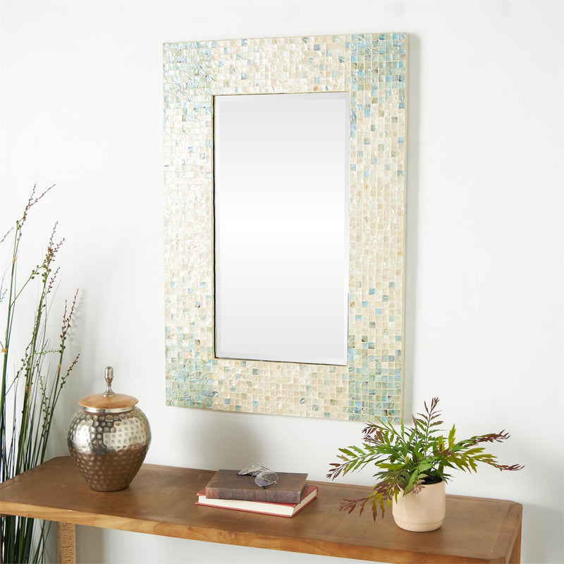 Cream Mother of Pearl Shell Handmade Mosaic Room Wall Mirror with Blue Corners - MirrorUmainc