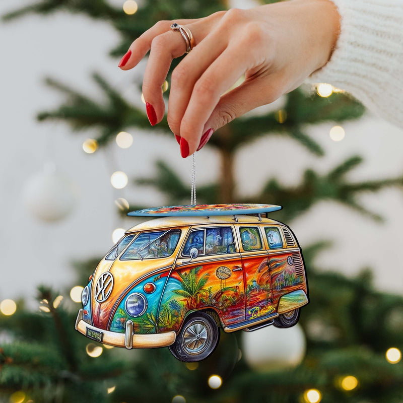 Beach Themed Ornaments - Hippie Van Wooden Ornaments by G.Debrekht Coastal Holiday Decor