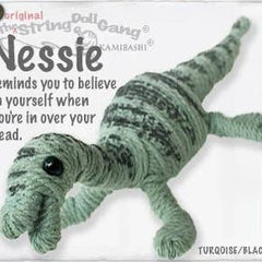 Handmade Nessie the Loch Ness Monster String Doll Keychain featuring a Loch Ness-inspired design, with a fabric tag and lobster clasp.