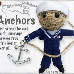 Handmade Anchors String Doll Keychain featuring a navy serviceman design with fabric tag and lobster clasp.