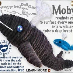 Handmade Moby the Whale String Doll Keychain featuring a whale-inspired design, with a fabric tag and lobster clasp.