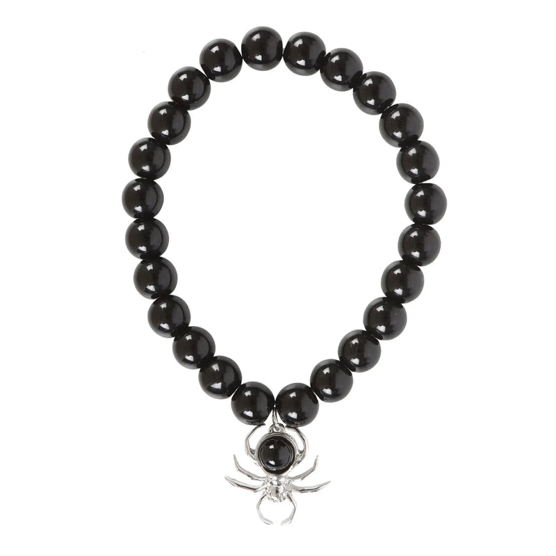 Gothic Spider Black Obsidian Beaded Bracelet