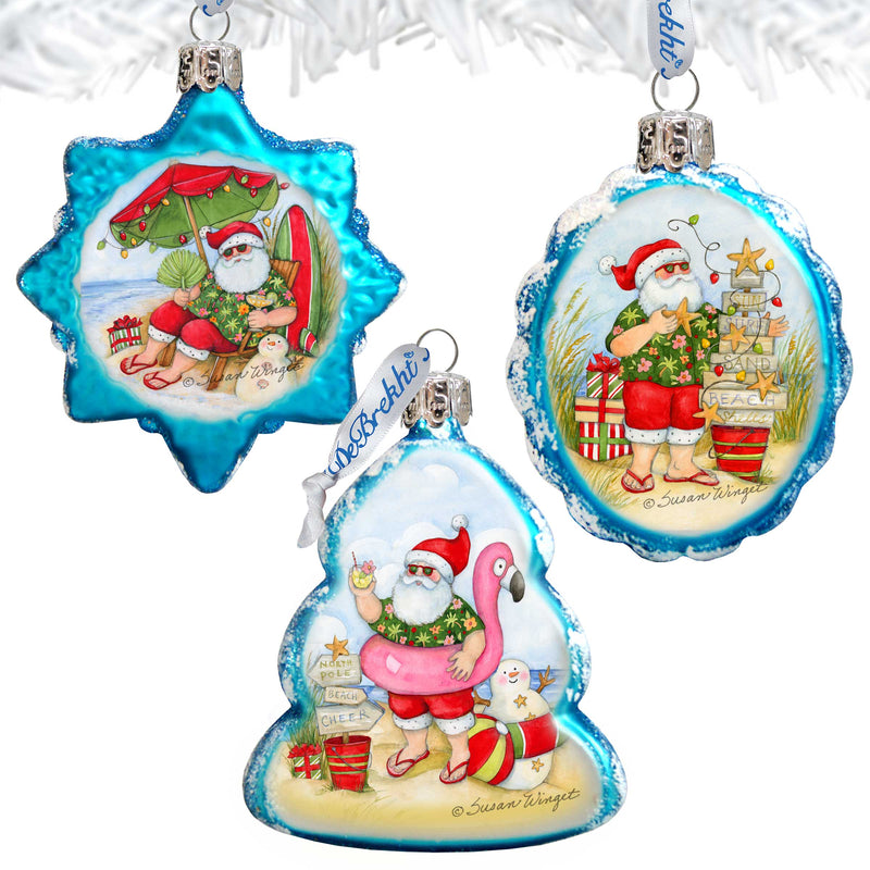 Santa at the Beach Mercury Glass Ornaments Gift Set of 3- Coastal Christmas Boxed Set