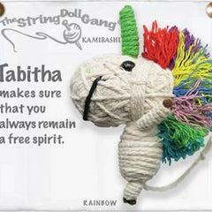 Handmade Tabitha the Unicorn String Doll Keychain featuring a rainbow-maned design with a fabric tag and lobster clasp.