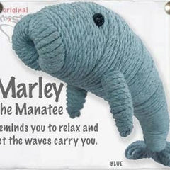 Handmade Marley the Manatee String Doll Keychain featuring a gentle sea-inspired design, with fabric tag and lobster clasp.