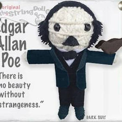 Handmade Edgar Allan Poe String Doll Keychain featuring a gothic-inspired design with fabric tag and lobster clasp.