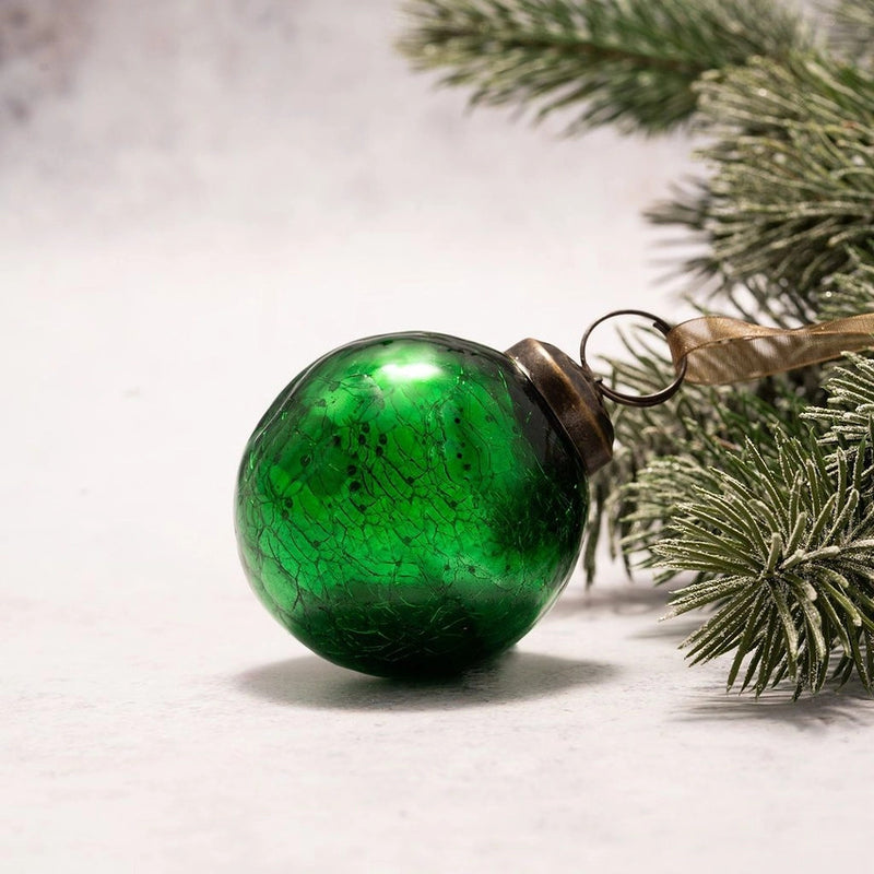 2" Medium Emerald Green Crackle Glass Christmas Ornament with bronze cap and organza ribbon