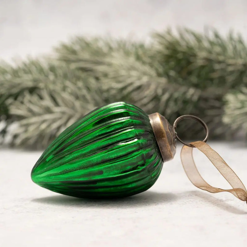 Emerald Green Ribbed Glass Pinecone Ornament with bronze cap and organza ribbon