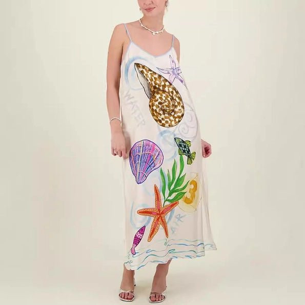 Eurochic Satin Beach Dress with Sea Life Print – Coastal Vacation Vibes Large