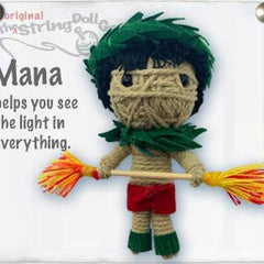 Handmade Mana the Polynesian Fire Dancer String Doll Keychain featuring vibrant torches and a traditional design, with a fabric tag and lobster clasp.