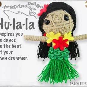 Handmade Hu La La Girl String Doll Keychain with a vibrant Polynesian-inspired design, featuring a fabric tag and lobster clasp.