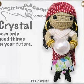 Handmade Crystal String Doll Keychain with mystical crystal design, featuring a fabric tag and lobster clasp.