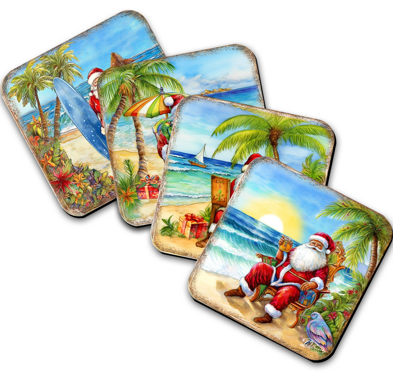 Santa on the Beach Wooden Cork Coasters Gift Set of 4 by G. Debrekht - Christmas Home Decor