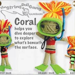 Handmade Coral String Doll Keychain featuring vibrant ocean-inspired design with fabric tag and lobster clasp.