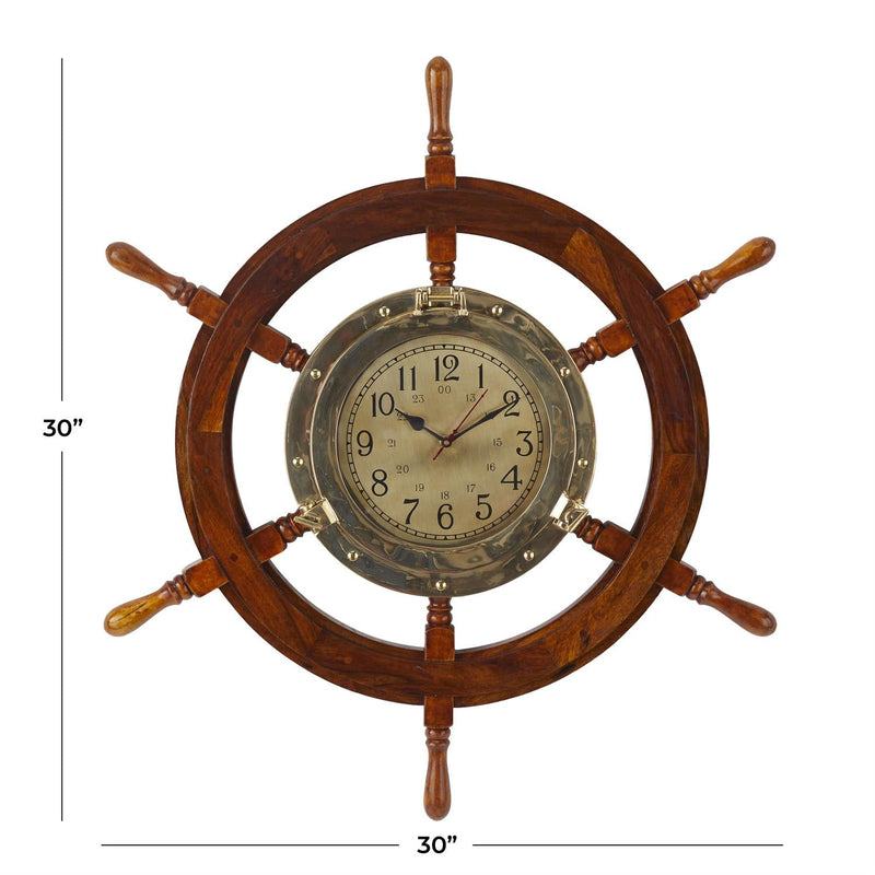 Gold Wood Sailboat Ship Wheel Wall Clock - ClockUmainc