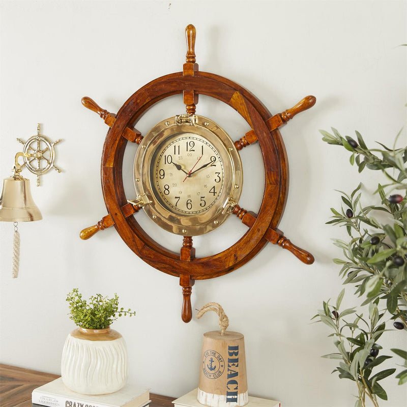 Gold Wood Sailboat Ship Wheel Wall Clock - ClockUmainc