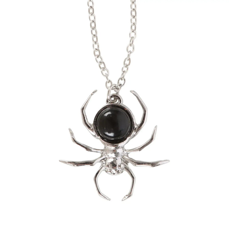 Gothic Black Obsidian Spider Pendant Necklace - Something Different Wholesale