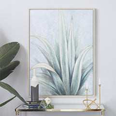 Green Canvas Leaf Agave Living Room Framed Wall Art with Beige Frame - Wall ArtUmainc