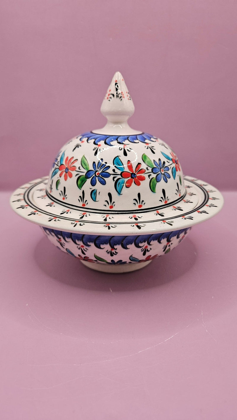 Hand - Painted Floral Turkish Ceramic Covered Dish – 6.3" x 5.5" | Vintage - Style Lidded Bowl - DinnerwareLoving Coastal Living