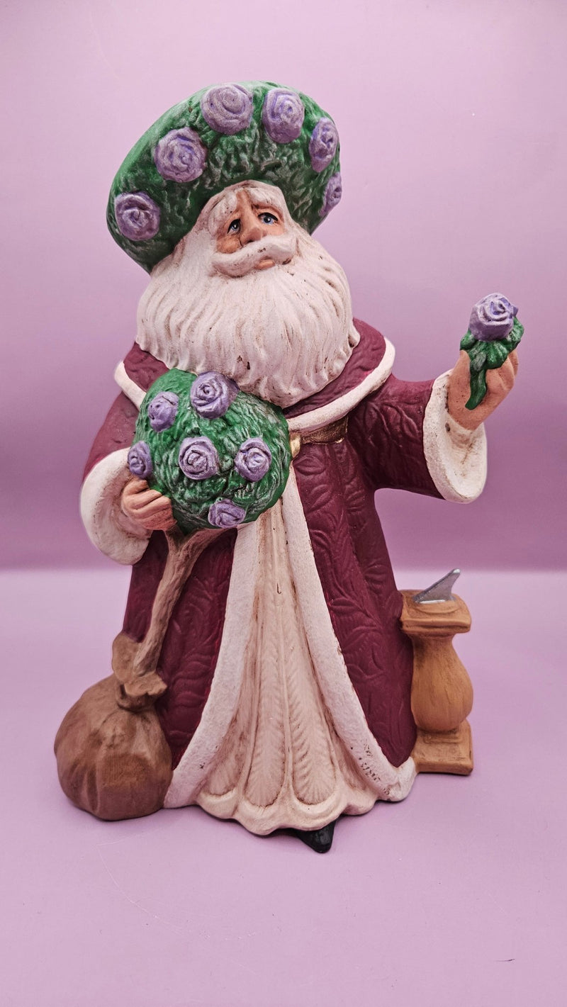 Hand - Painted Lavender Rose Santa Figurine - 10x6.5 Rustic Holiday Charm - Sculptures & StatuesJohnny Smith