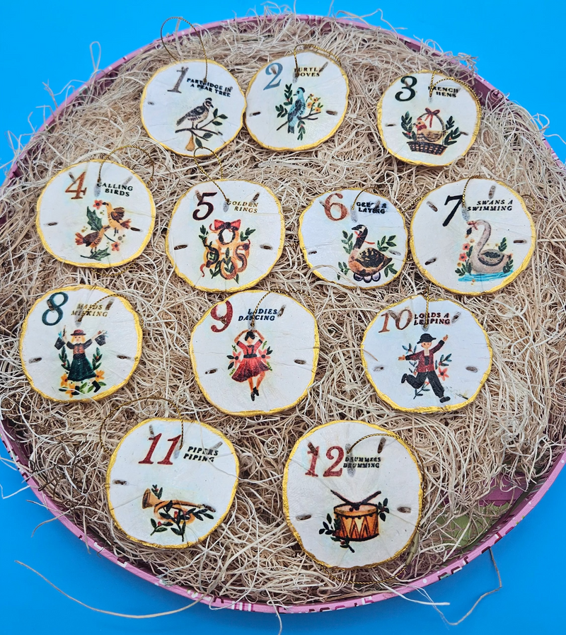 Traditional 12 Days of Christmas sand dollar ornaments