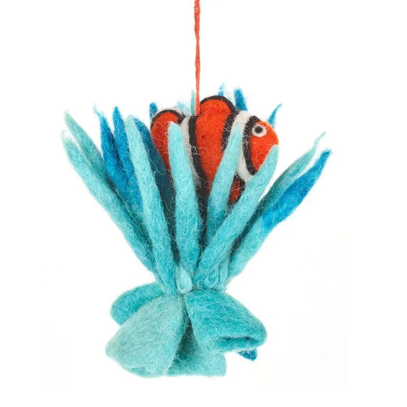 Handmade Felt Clownfish in Coral Biodegradable Hanging Decor - Felt So Good