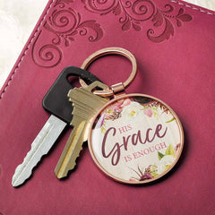 His Grace is Enough Pink Plum Key Ring in a Tin - 2 Corinthians 12:9 - Small RemindersChristian Art Gifts