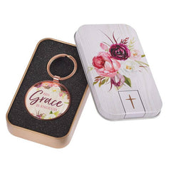 His Grace is Enough Pink Plum Key Ring in a Tin - 2 Corinthians 12:9 - Small RemindersChristian Art Gifts