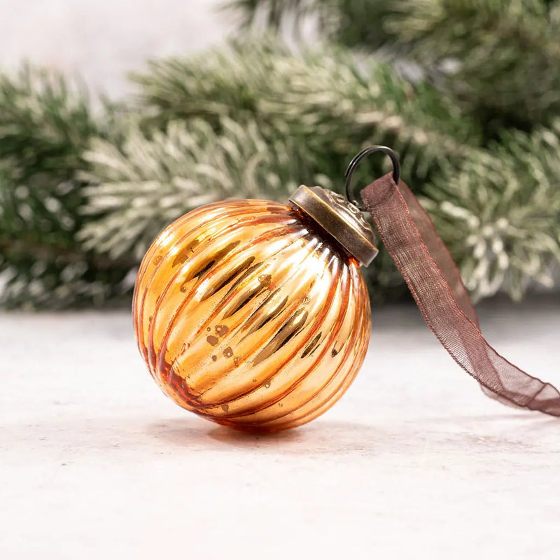 2" Honey Ribbed Glass Ball Christmas Ornament with Bronze Cap