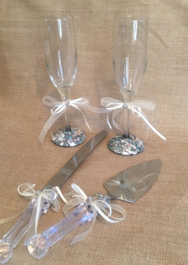 Beach Wedding Set Abalone Shell Encrusted Toasting Champagne Flutes or Wine Glasses Cake Serving Set with Crystal Acrylic Handles