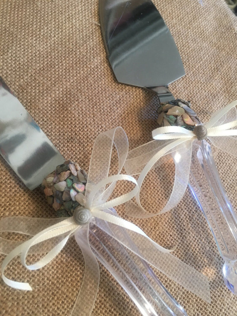 Beach Wedding Set Abalone Shell Encrusted Toasting Champagne Flutes or Wine Glasses Cake Serving Set with Crystal Acrylic Handles