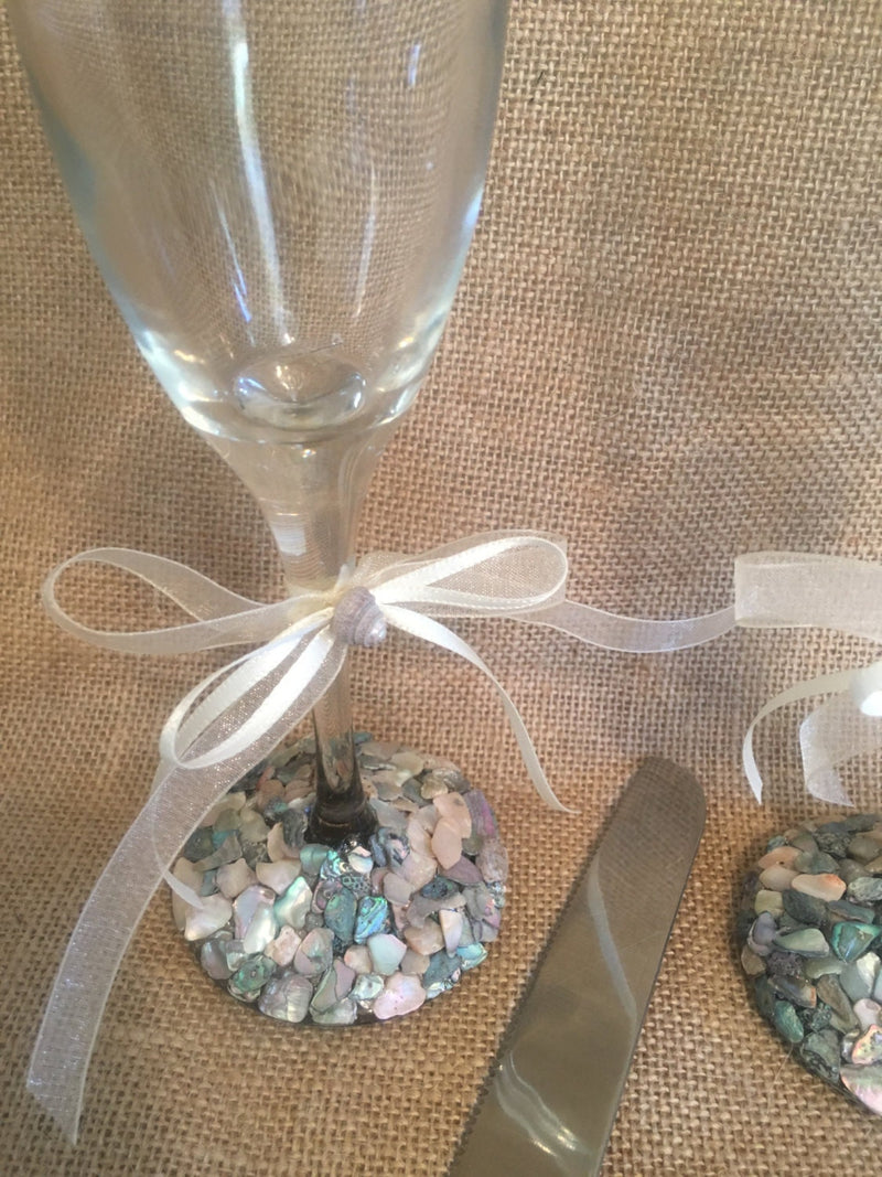 Beach Wedding Set Abalone Shell Encrusted Toasting Champagne Flutes or Wine Glasses Cake Serving Set with Crystal Acrylic Handles